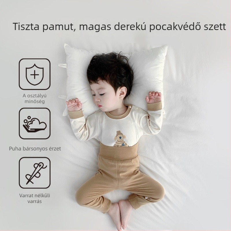 Babatermikus felső- és alsó szett, 100% pamut, uniszex, őszi-tavaszi, hosszú ujjú, magas derekú a has védelméért, két darabos 1–3 éveseknek