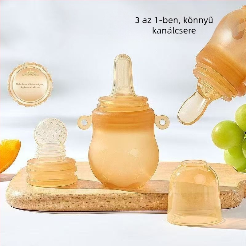 Három az egyben baba etetőkanál — szilikonos rágókanál préselős kialakítással gyümölcs- és zöldséppüréhez