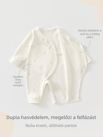 Újszülött pamut overál, csont nélküli dizájn, 0–6 hónap, kötős zárás, szerzetes-stílusú, őszi