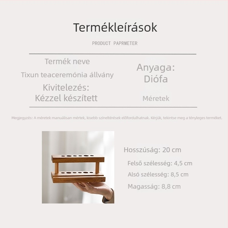 Diófából készült teás eszközök állványa teaceremóniához, hat eszközzel, alap
