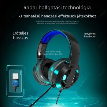 PC-hez tervezett over-ear gamer fejhallgató USB-kábellel, mikrofonnal, 7.1 surround hangzás