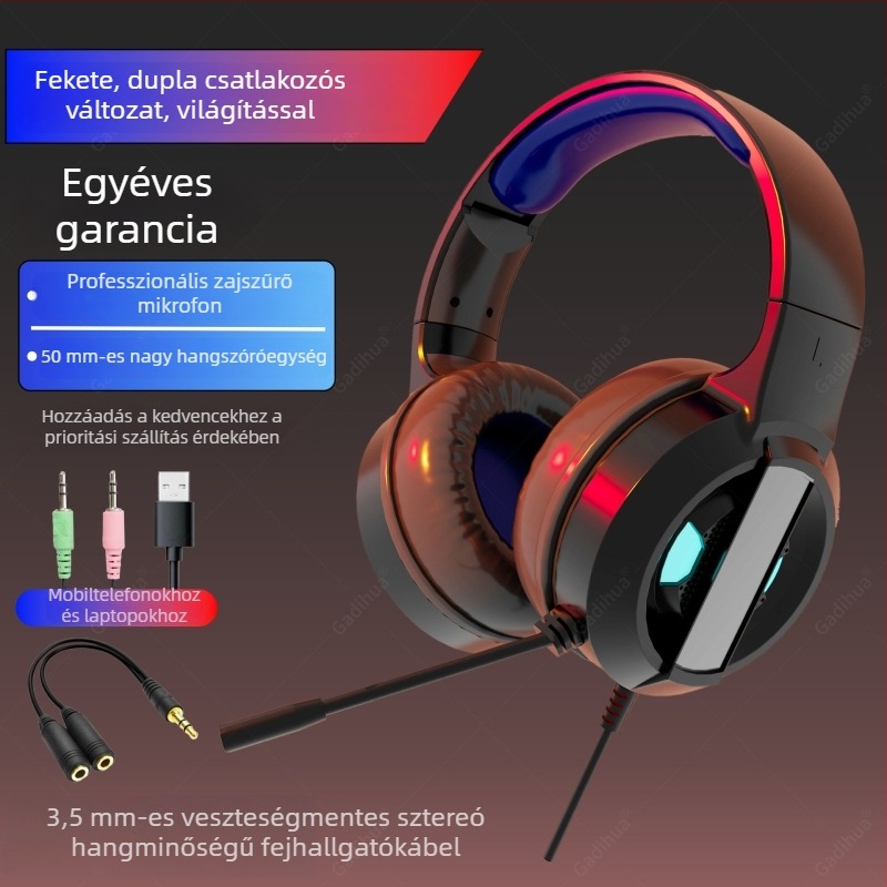PC-hez tervezett over-ear gamer fejhallgató USB-kábellel, mikrofonnal, 7.1 surround hangzás