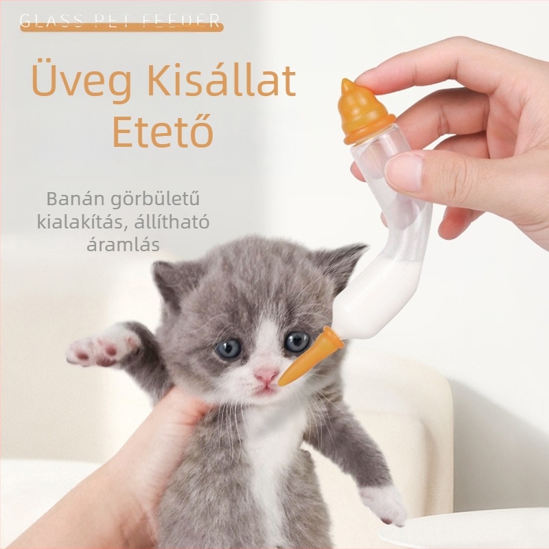 Üvegből készült etetőeszköz kismacáknak, banán alakú adagolócső újszülött macskáknak