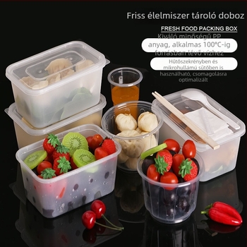 5 darabos téglalap alakú, átlátszó műanyag ételtároló doboz fedővel, friss ételek tárolására