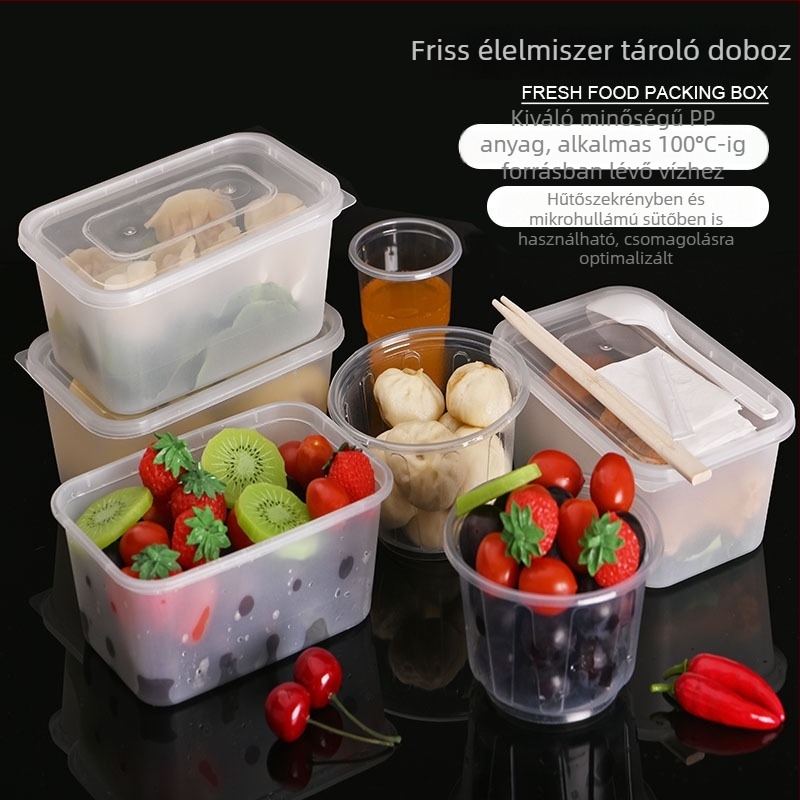 5 darabos téglalap alakú, átlátszó műanyag ételtároló doboz fedővel, friss ételek tárolására