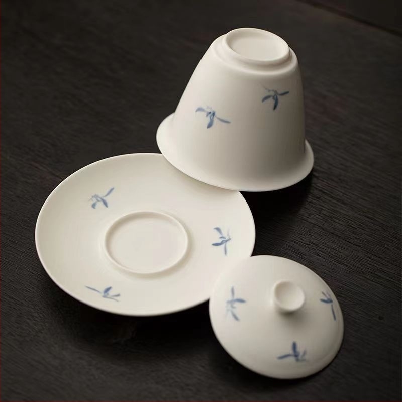 Kézzel festett orchideás kerámia teáskészlet tejfehér porcelánból, otthonra és irodába, gaiwan-stílusú edény Gongfu teához