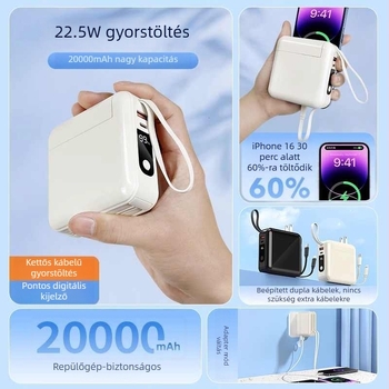 Power Bank beépített dugóval és kábelrel, 3C-igazolt, 20000mAh kapacitás, gyors töltés