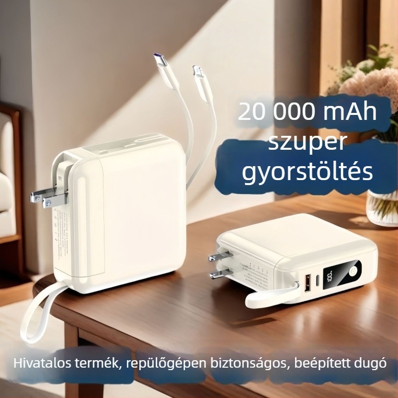 Power Bank beépített dugóval és kábelrel, 3C-igazolt, 20000mAh kapacitás, gyors töltés
