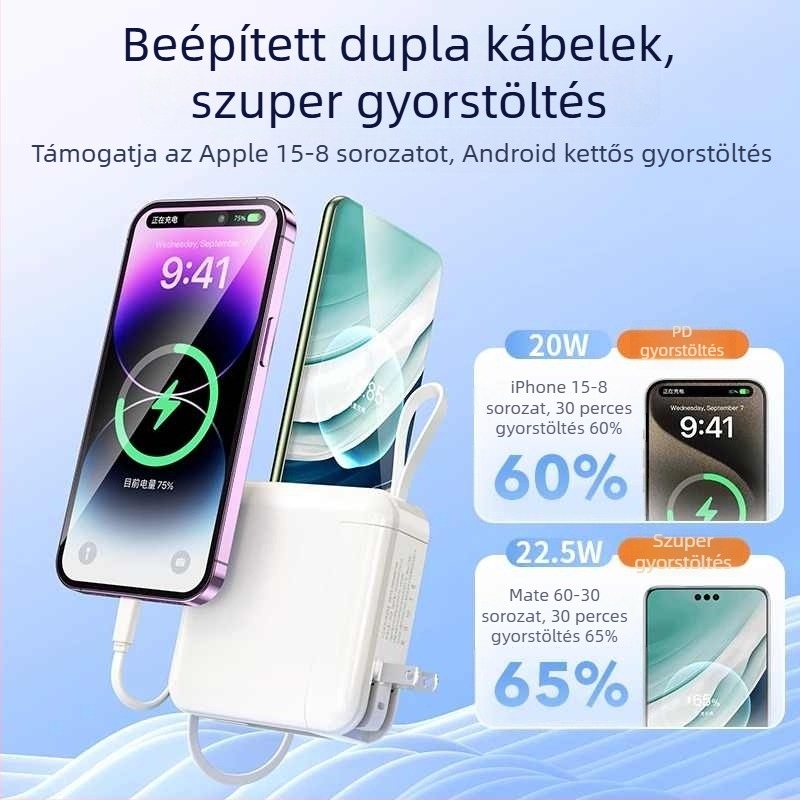 Power Bank beépített dugóval és kábelrel, 3C-igazolt, 20000mAh kapacitás, gyors töltés
