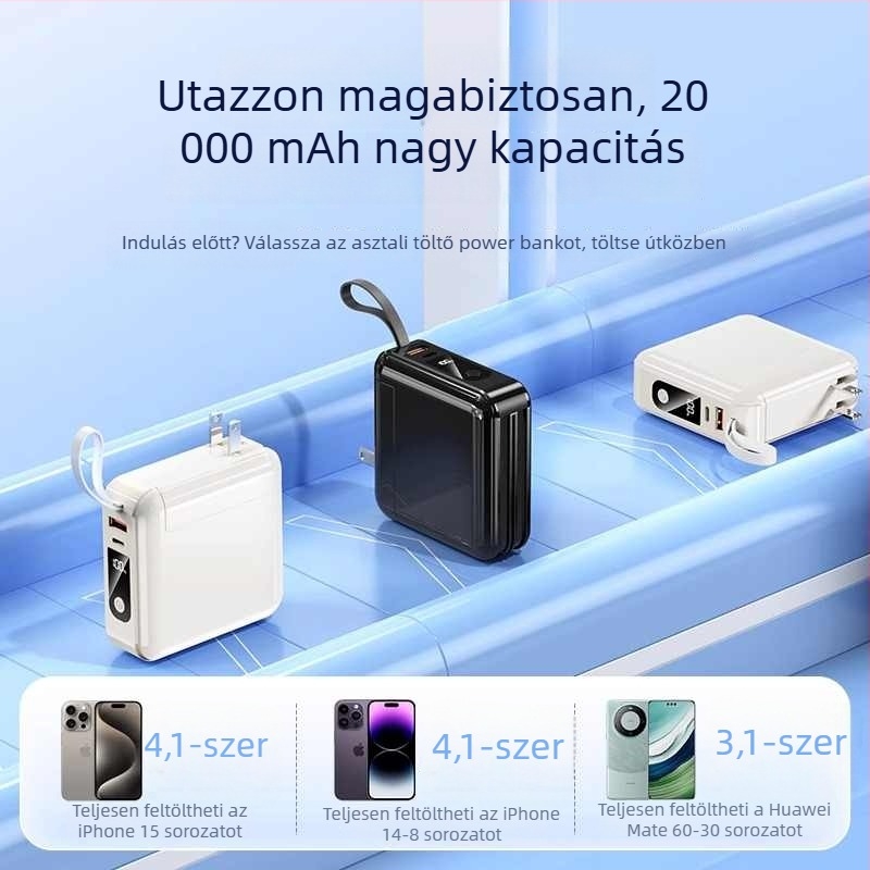 Power Bank beépített dugóval és kábelrel, 3C-igazolt, 20000mAh kapacitás, gyors töltés