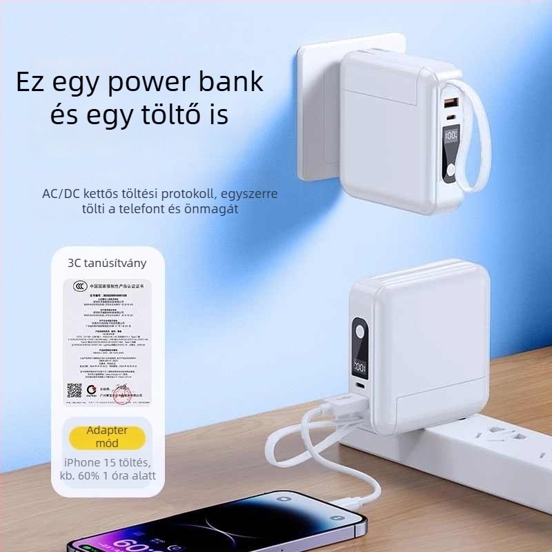 Power Bank beépített dugóval és kábelrel, 3C-igazolt, 20000mAh kapacitás, gyors töltés