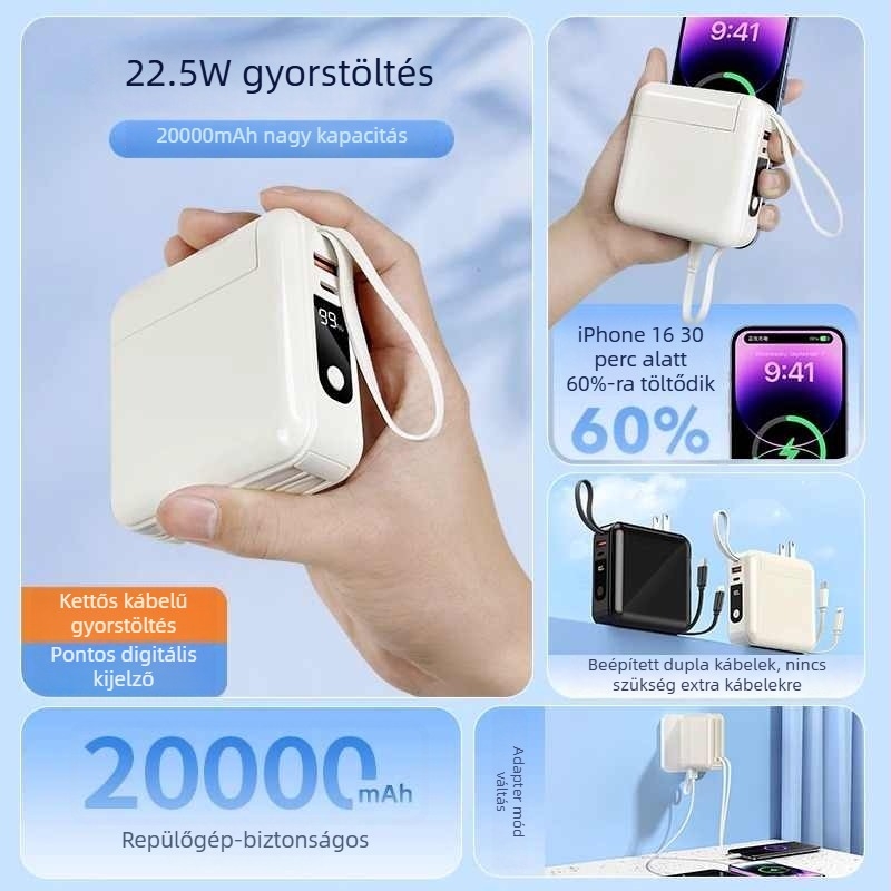 Power Bank beépített dugóval és kábelrel, 3C-igazolt, 20000mAh kapacitás, gyors töltés