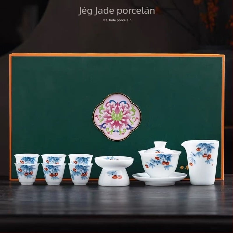 Ice Jade porcelán, kézzel festett Persimmon motívummal és Ruyi díszítésű teáskészlet fedővel, díszdobozban