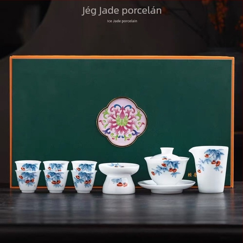 Ice Jade porcelán, kézzel festett Persimmon motívummal és Ruyi díszítésű teáskészlet fedővel, díszdobozban