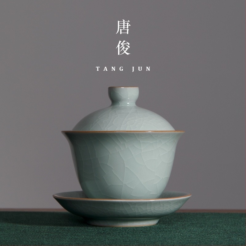 Ru porcelán gaiwan fedéllel, jégrepedt mázzal, 150 ml kapacitás, vastag teás tál