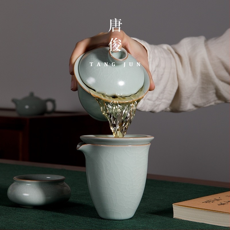 Ru porcelán gaiwan fedéllel, jégrepedt mázzal, 150 ml kapacitás, vastag teás tál