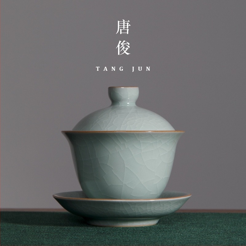 Ru porcelán gaiwan fedéllel, jégrepedt mázzal, 150 ml kapacitás, vastag teás tál