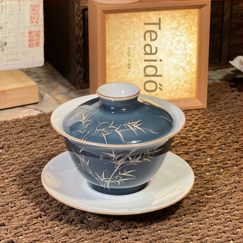 Jingdezhen kerámia Sancai gaiwan Qing Silver Bamboo Blue mázzal, teás tál Gongfu tea-hoz