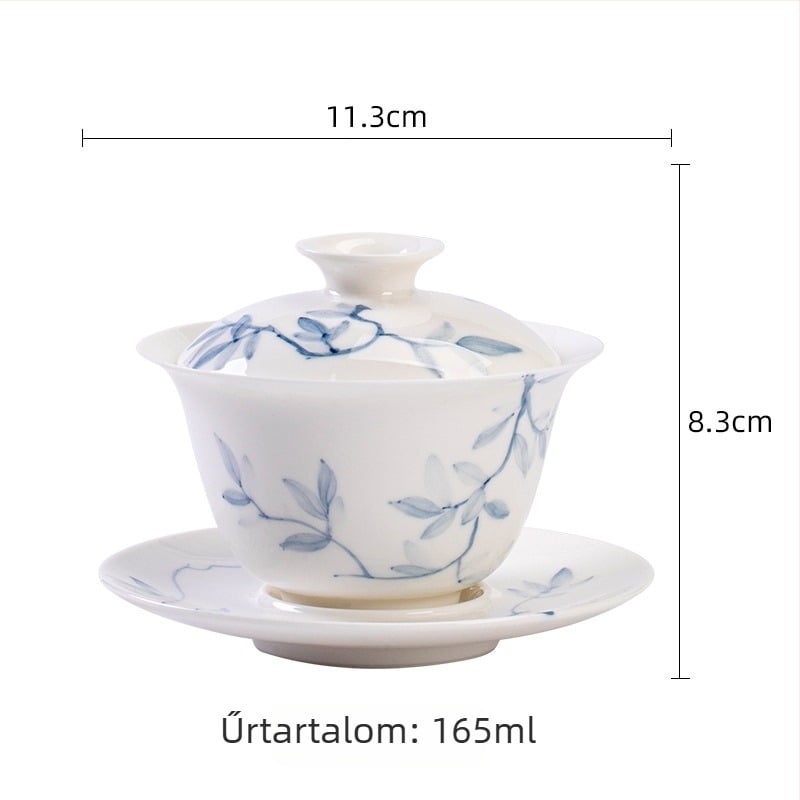 Mi Yan Fehér porcelán gaiwan készlet, kézzel festett kék‑fehér mintával, nagy méretű fedeles teás tál otthoni tea-szertartáshoz