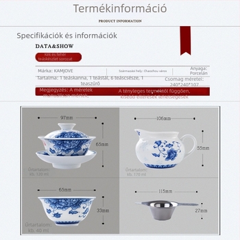 Kung Fu teáskészlet kék-fehér porcelánból, kerámia gaiwan és nagy teáscsészék, KP-95