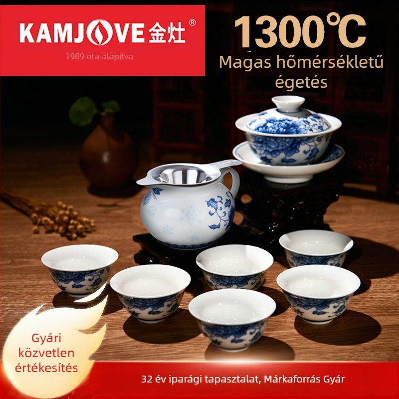 Kung Fu teáskészlet kék-fehér porcelánból, kerámia gaiwan és nagy teáscsészék, KP-95