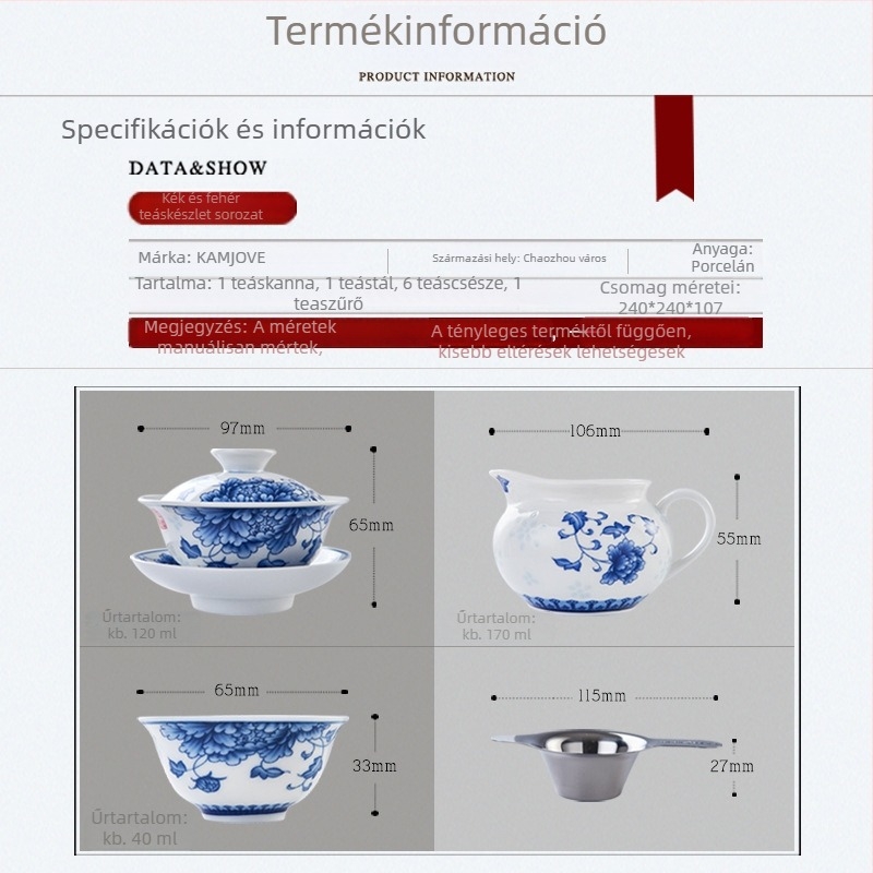 Kung Fu teáskészlet kék-fehér porcelánból, kerámia gaiwan és nagy teáscsészék, KP-95
