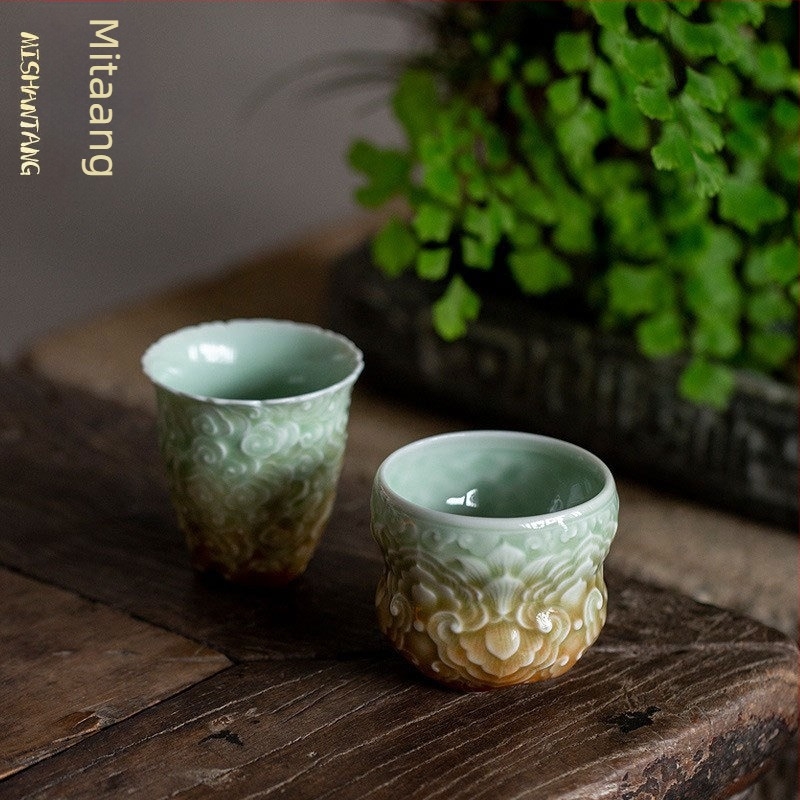 Celadon-gradiens reliefes, kézzel készített kerámia teáscsésze, nagy méretű, otthoni használatra, Kung Fu teás készlet