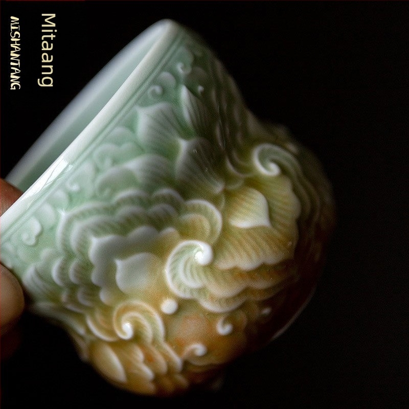 Celadon-gradiens reliefes, kézzel készített kerámia teáscsésze, nagy méretű, otthoni használatra, Kung Fu teás készlet