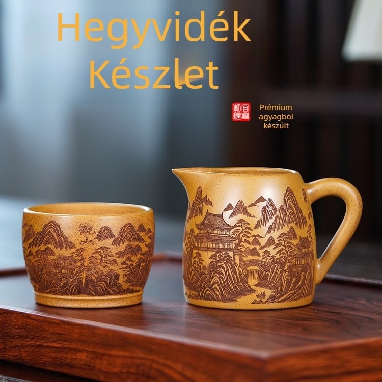Yixing lila agyagból készült teáskészlet, kézzel készített, hevítésálló teáscsésze és kóstolócsésze gravírozott motívumokkal