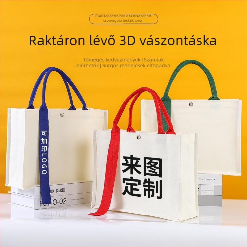 Raktáron: szalagokkal díszített vászontáska egyedi logóval, prémium 3D-s tote táska laminált nyomtatással