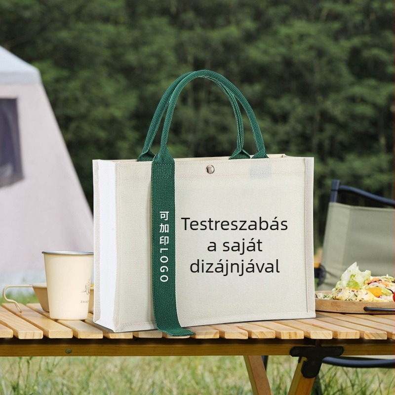 Raktáron: szalagokkal díszített vászontáska egyedi logóval, prémium 3D-s tote táska laminált nyomtatással