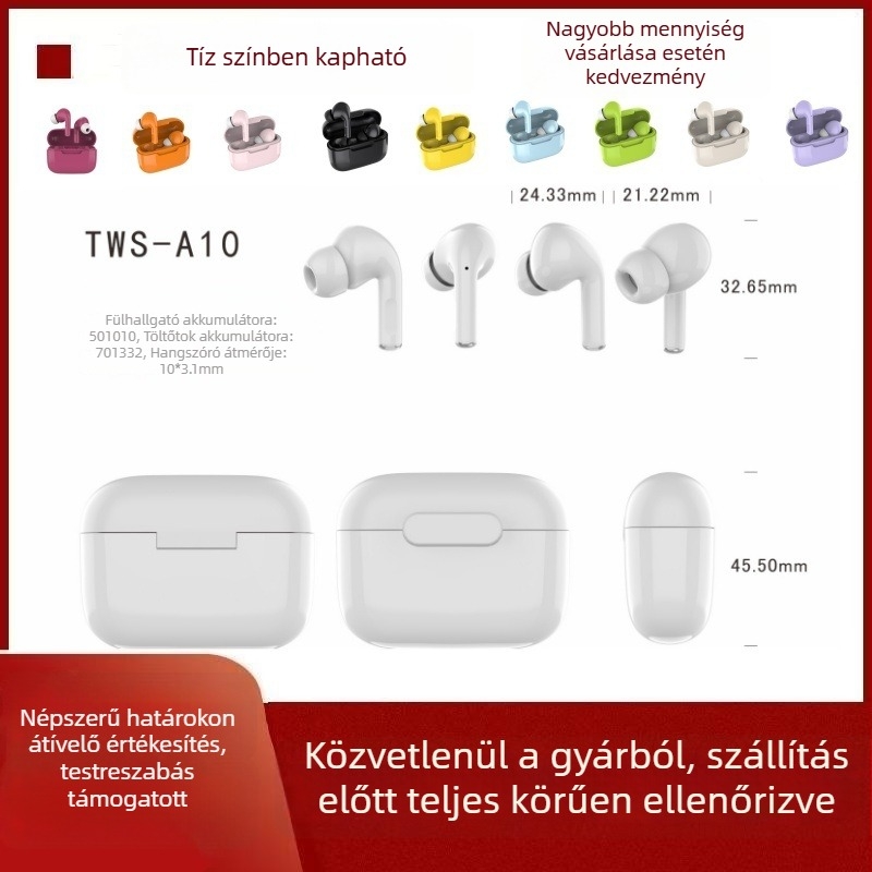 A10 TWS vezeték nélküli Bluetooth fülhallgatók mágneses töltőtokkal – kék, IPX5, Bluetooth 5.0, alacsony késleltetés e-sportokhoz