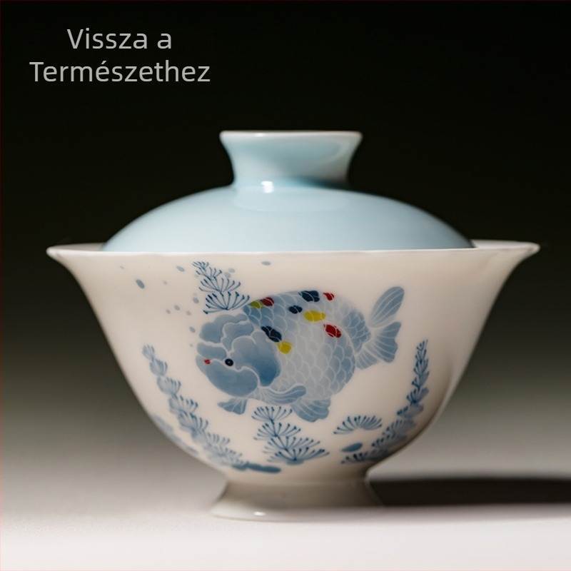 Kézzel festett kék-fehér porcelán gaiwan vastag fejű hal motívummal, pasztell árnyalatú teáskészlet