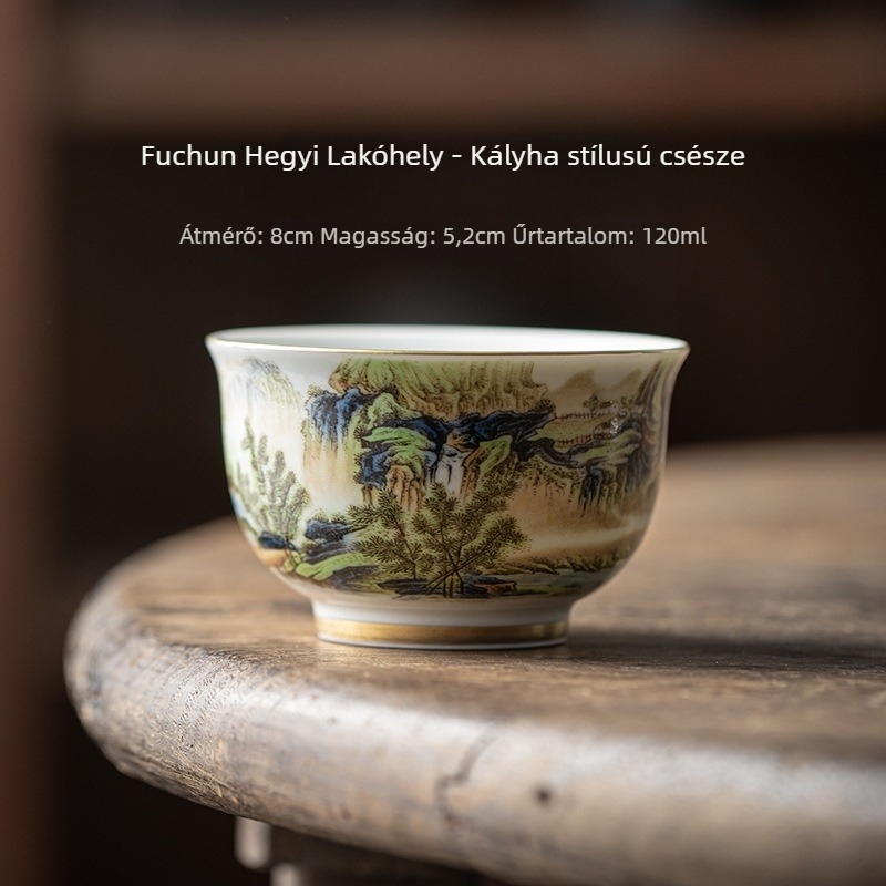 Porcelán teáscsésze aranyozott belsővel, kék‑fehér táj motívummal, egyszemélyes kóstoló teáscsésze, retro stílusú teakészlet