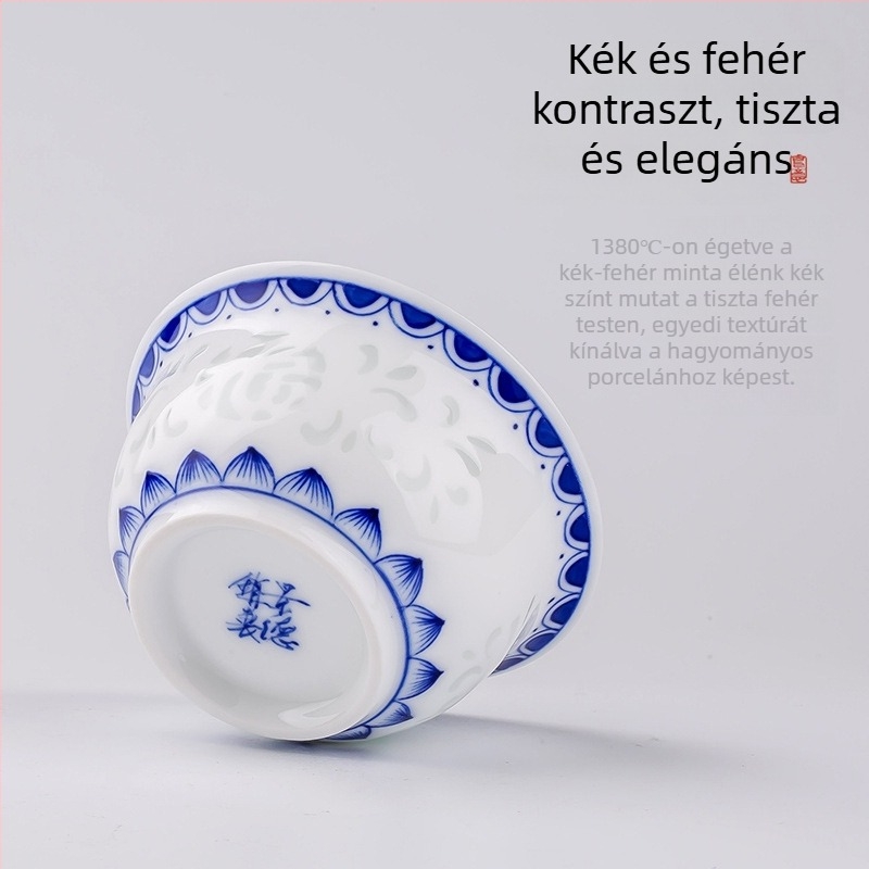 Kézzel festett kék-fehér porcelán teáscsésze áttört mintával, egyszemélyes teáskészlet