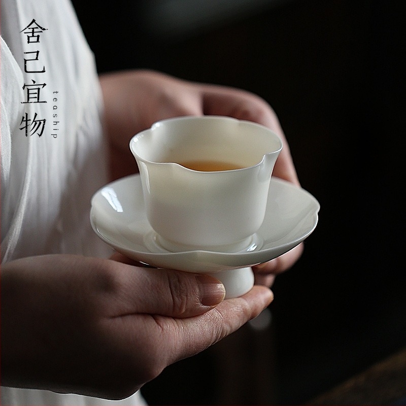 Dehua fehér porcelán tea kóstoló pohár elefántcsont-fehér teáscsésze tartóval, Kung Fu teákészlet