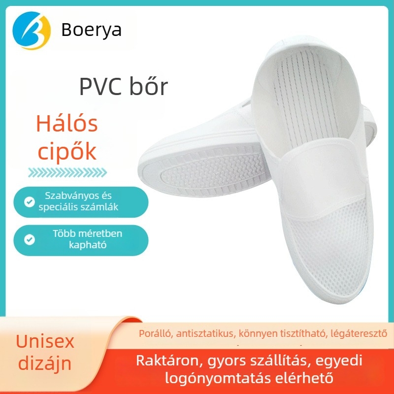 Antisztatikus munkacipő PVC bőr felsőrésszel és lélegző hálós felsőrésszel, pormentes műhelyekhez; alkalmas mikroelektronikára, optoelektronikára és élelmiszeriparra.