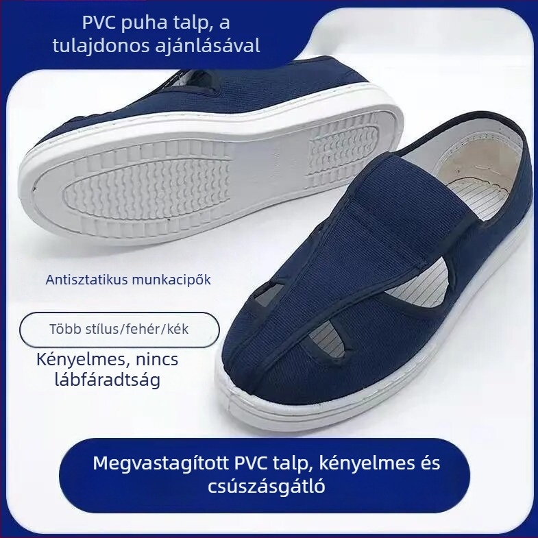 Uniszex PVC munkavédelmi cipő porvédő, kék-fehér, csúszásmentes és elektrosztatikus védelem, alacsony fazon