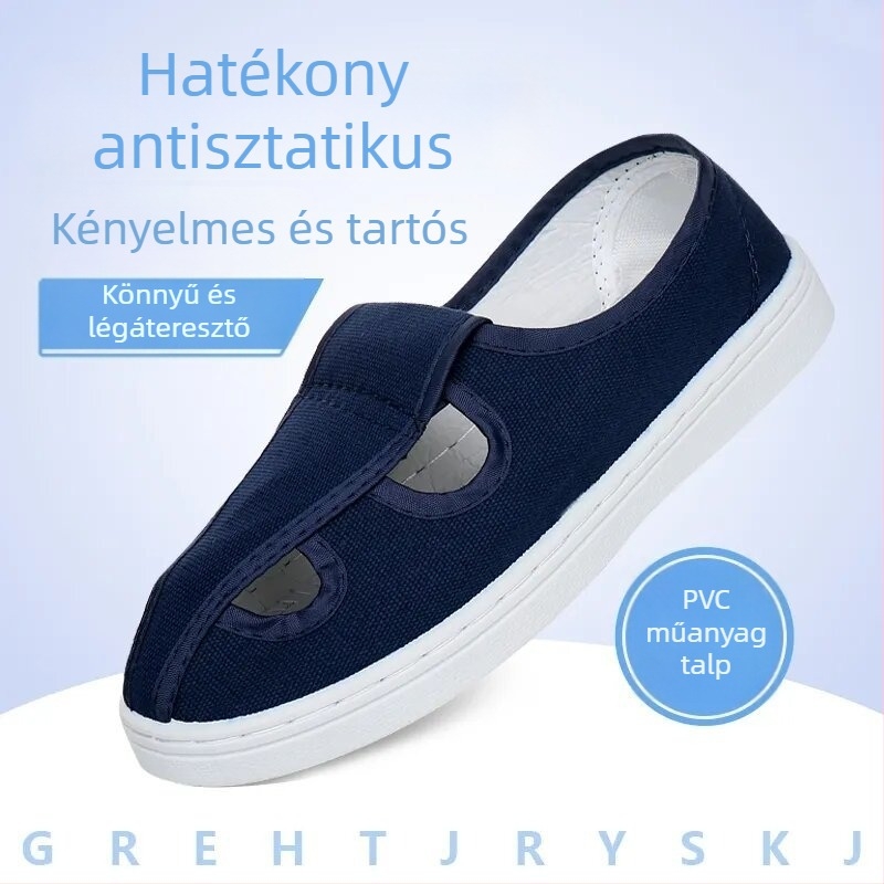 Uniszex PVC munkavédelmi cipő porvédő, kék-fehér, csúszásmentes és elektrosztatikus védelem, alacsony fazon