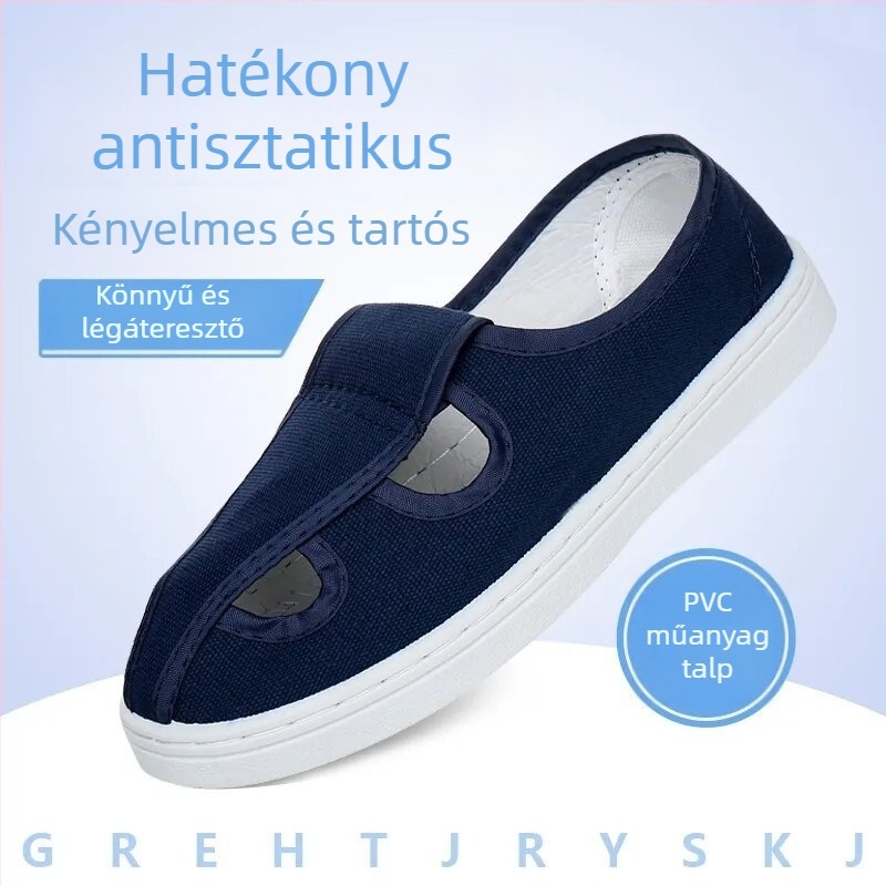 Uniszex PVC munkavédelmi cipő porvédő, kék-fehér, csúszásmentes és elektrosztatikus védelem, alacsony fazon