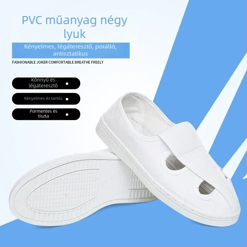 Uniszex PVC munkavédelmi cipő porvédő, kék-fehér, csúszásmentes és elektrosztatikus védelem, alacsony fazon