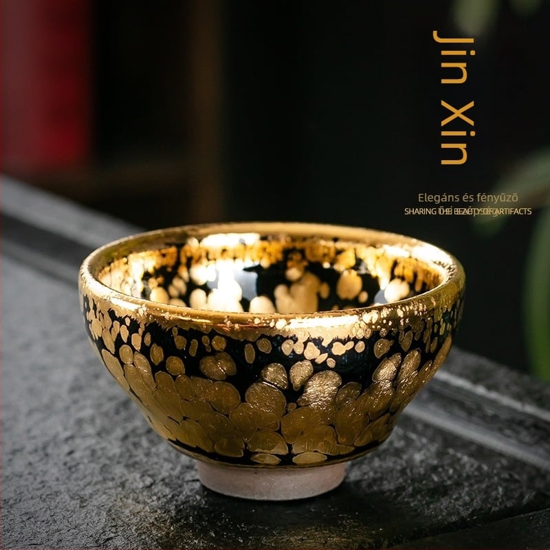 Jianzhan teáscsésze 24K aranyglazúrával, kézzel készített olajcsepp mázzal, porcelán Gongfu teához