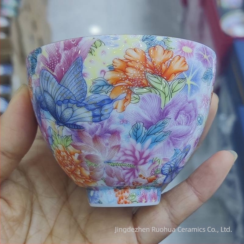 Jingdezhen kerámia teáscsésze harang motívummal, nagy kapacitású, pasztell zománc bevonattal