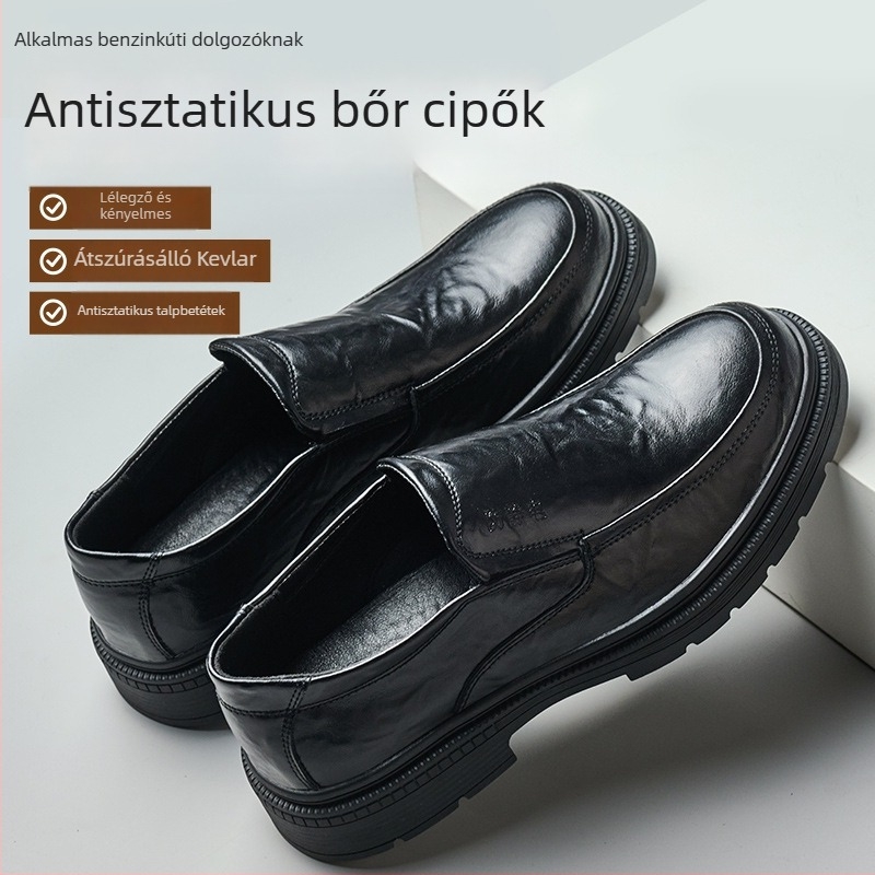 Férfiaknak szánt fekete antisztatikus bőrcipő Kevlar középtalppal, áthatolás elleni védelemmel, benzinkutak és olajtárolók számára.