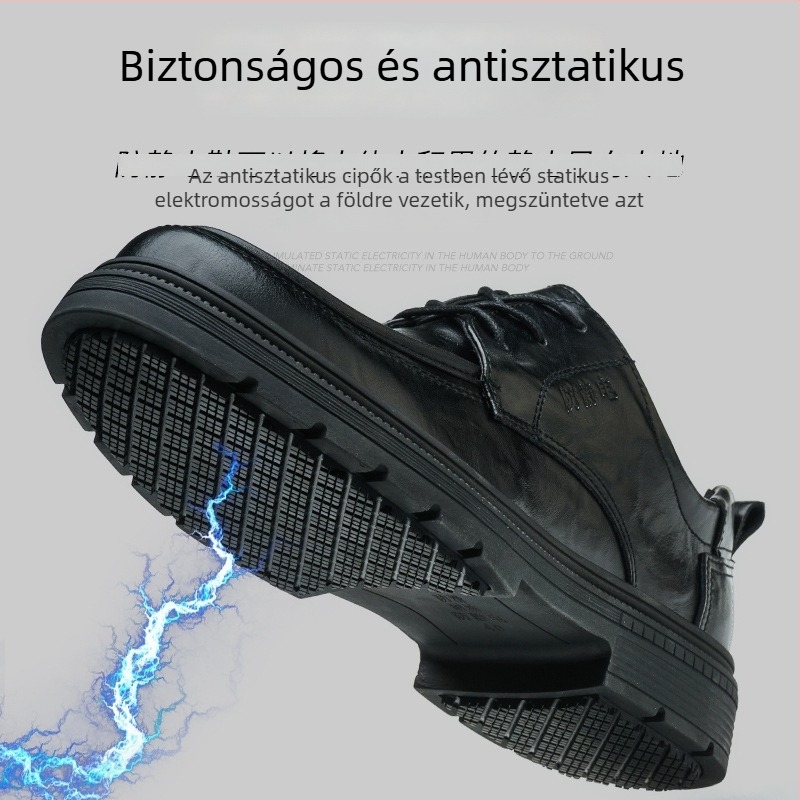 Férfiaknak szánt fekete antisztatikus bőrcipő Kevlar középtalppal, áthatolás elleni védelemmel, benzinkutak és olajtárolók számára.