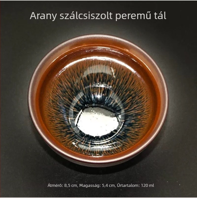 Teáscsésze ezüstös hajlat glazúrral és kék olajcsepp mázzal vasalapú fekete porcelánból, mestercsésze, egy darabos, kiváló minőségű teáscsésze