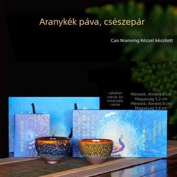 Kézzel készített arany- és kék páva mintás páros bögrék, ajándékdobozban, kerámia teás pohár