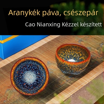 Kézzel készített arany- és kék páva mintás páros bögrék, ajándékdobozban, kerámia teás pohár