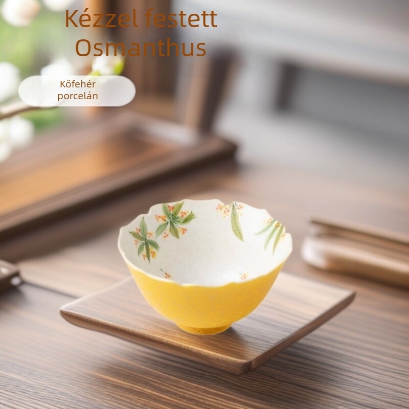 Új kínai stílusú citromsárga kézzel festett osmanthus virágos teáscsésze, kerámia, alglazúros színű kivitel, teázáshoz és vendégfogadáshoz