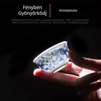 Kézzel festett porcelán teáscsésze kék-fehér mintával, kis méretű, otthoni használatra